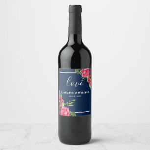 Étiquette Pour Bouteilles De Vin Fleurs mariages rouges et roses bleu foncé marine