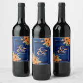 Étiquette Pour Bouteilles De Vin Fleurs orange sur bleu marine (Bouteilles)