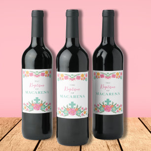 Étiquette Pour Bouteilles De Vin Fleurs roses et aqua avec croix bébé fille Baptême