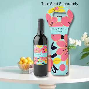 Étiquette Pour Bouteilles De Vin Fleurs roses et jaunes sur Sky Blue -Dopamine