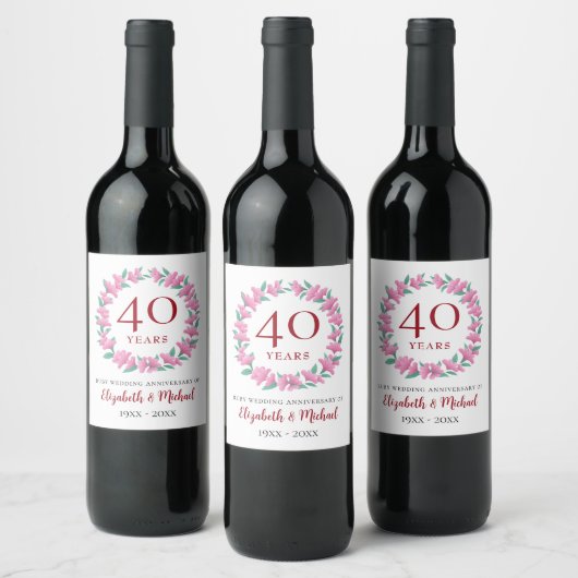 Étiquette Pour Bouteilles De Vin Fleurs roses florales rubis 40e Anniversaire couro (Bouteilles)