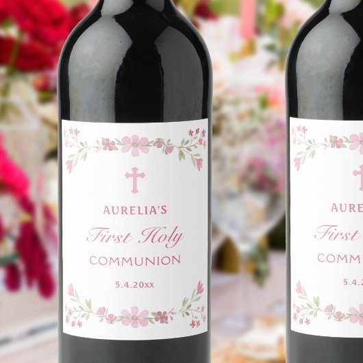 Étiquette Pour Bouteilles De Vin Fleurs roses Première Communion sainte