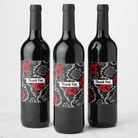Étiquette Pour Bouteilles De Vin Fleurs rouges et dentelle noire Motif sans couture (Bouteilles)