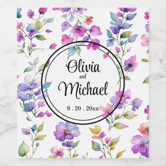 Étiquette Pour Bouteilles De Vin Fleurs sauvages aquarelles rose violet élégantes (Étiquettes simples)