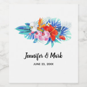 Étiquette Pour Bouteilles De Vin Fleurs tropicales exotiques en Mariage rose et aqu