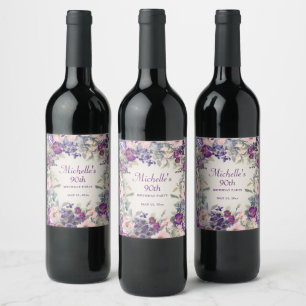 Étiquette Pour Bouteilles De Vin Fleurs violettes rose poudré pour 90e anniversaire