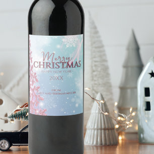 Étiquette Pour Bouteilles De Vin Flocon de neige scintillant rose Hiver Noël Fêtes