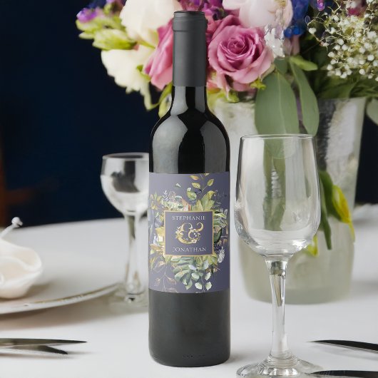 Étiquette Pour Bouteilles De Vin Floral bleu & vert w Ampersand Mariage