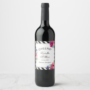 Étiquette Pour Bouteilles De Vin Floral coloré et Mariage de rayures