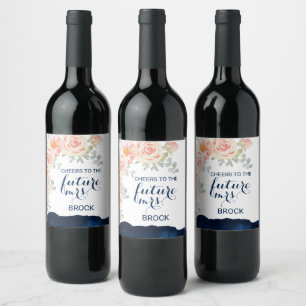 Étiquette Pour Bouteilles De Vin Floral Peach Pink et Navy Watercolor Future Mme.