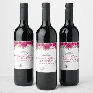 Étiquette Pour Bouteilles De Vin Floral rose Argent Tiara Papillon Quinceañera