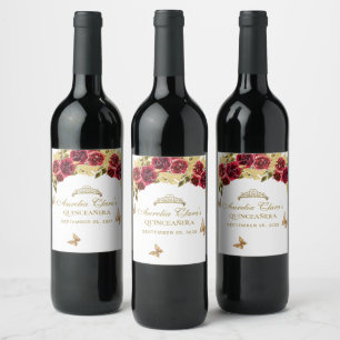 Étiquette Pour Bouteilles De Vin Floral Rouge or Tiara Butterfly Quinceañera