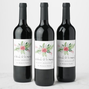Étiquette Pour Bouteilles De Vin Florales d'hiver Manger Boire Nom Joyeux Vacances