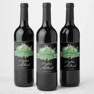 Étiquette Pour Bouteilles De Vin Foliage tropical sur Mariage noir