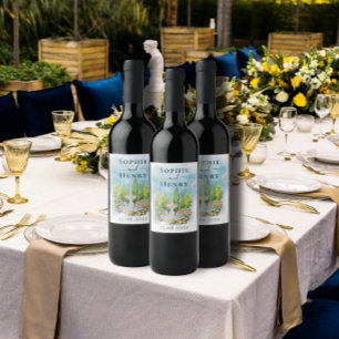 Étiquette Pour Bouteilles De Vin Fontaine Élégante Fleurs Colombes Mariage Luxe