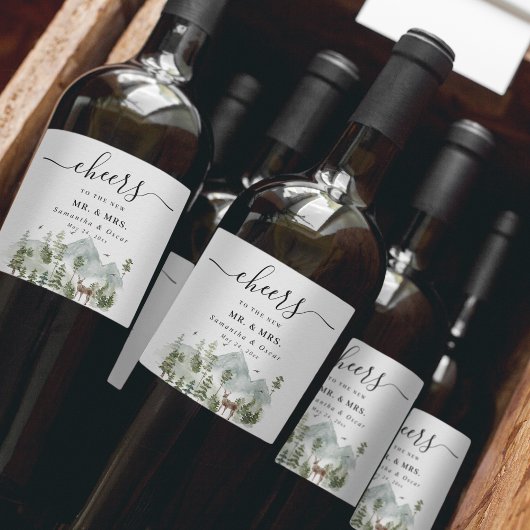 Étiquette Pour Bouteilles De Vin Forêt d'aquarelle | Arbres Et Cerfs |