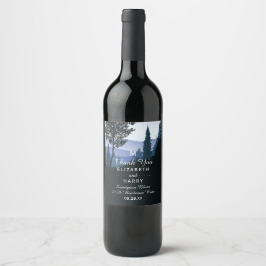 Étiquette Pour Bouteilles De Vin Forêt de bois bleu, Mariage rustique (Devant)