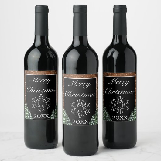 Étiquette Pour Bouteilles De Vin Forêt rurale enneigée Joyeux Noël Flocon de neige (Bouteilles)