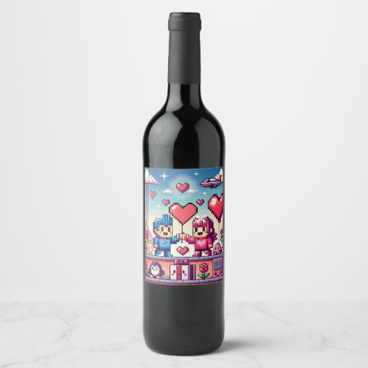 Étiquette Pour Bouteilles De Vin Gamer 8 bits Saint-Valentin (Devant)