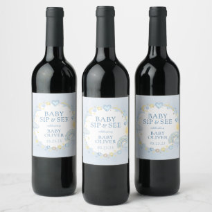 Étiquette Pour Bouteilles De Vin Garçon Aquarelle Arc-en-Ciel Sip And See
