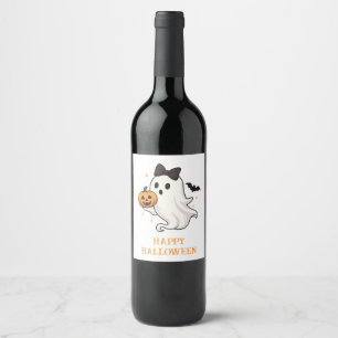 Étiquette Pour Bouteilles De Vin Ghost mignon avec Bow et Citrouille Halloween