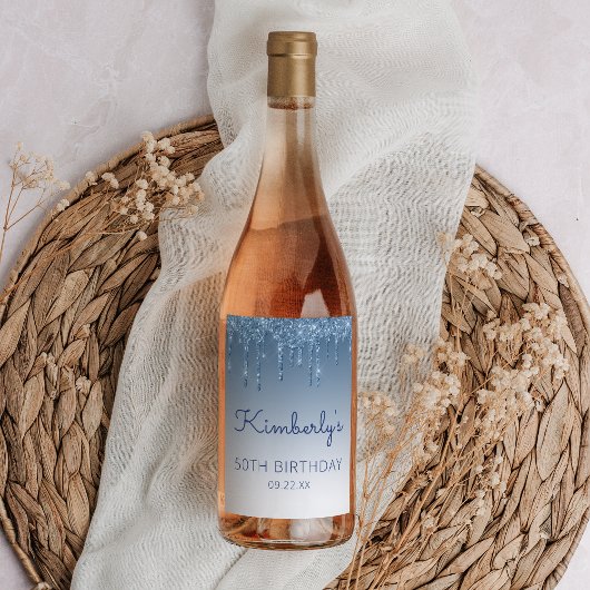 Étiquette Pour Bouteilles De Vin Glam Blue Glitter Drip 50th Birthday Party