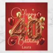 Étiquette Pour Bouteilles De Vin Glam de luxe Rouge et or 40e anniversaire Célébrat (Étiquettes simples)