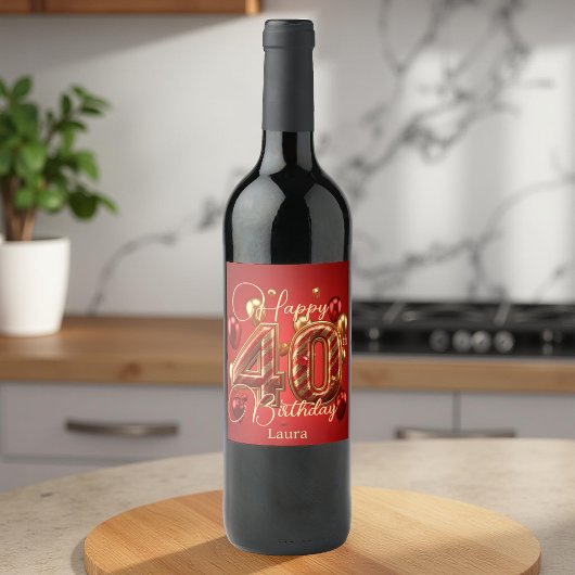 Étiquette Pour Bouteilles De Vin Glam de luxe Rouge et or 40e anniversaire Célébrat