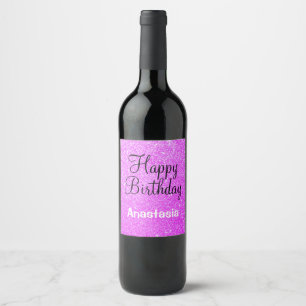 Étiquette Pour Bouteilles De Vin Glam Happy Birthday Purple Parties scintillant Nom