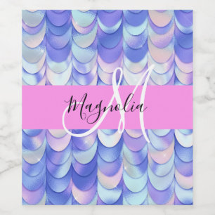 Étiquette Pour Bouteilles De Vin Glam Iridescent Écailles de Sirène Monogramme Nom
