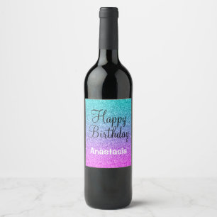 Étiquette Pour Bouteilles De Vin Glam Joyeux Anniversaire Ombre rose bleu violet Pa