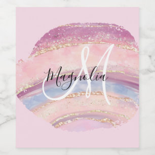 Étiquette Pour Bouteilles De Vin Glam Or Rose Bleu Monogramme Coup de Pinceau en Pi