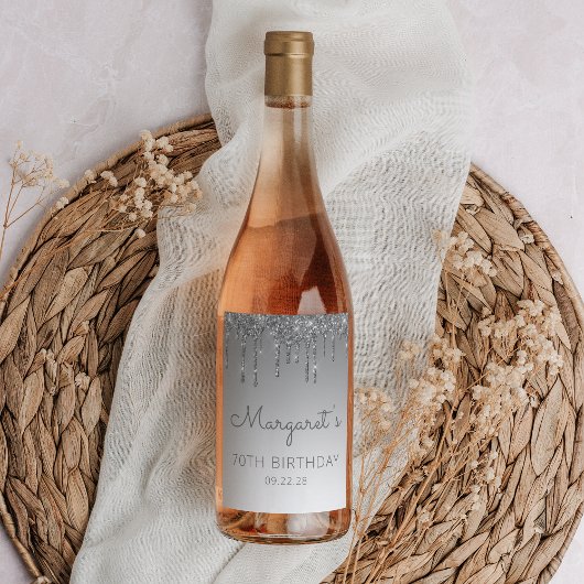 Étiquette Pour Bouteilles De Vin Glam Silver Parties scintillant Drip 70th Birthday