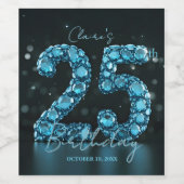 Étiquette Pour Bouteilles De Vin Glam Teal Blue 3D Bubble Gems 25th Birthday (Étiquettes simples)