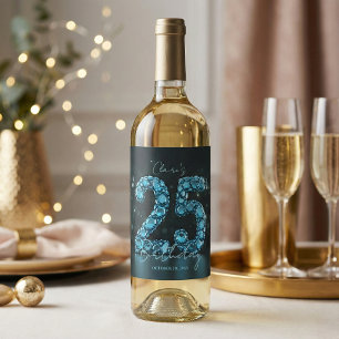 Étiquette Pour Bouteilles De Vin Glamour Bleu Sarcelle Bulles 3D Gems 25e Anniversa