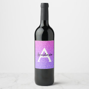 Étiquette Pour Bouteilles De Vin Glamour Féminin Ombré Paillettes Violet Monogramme