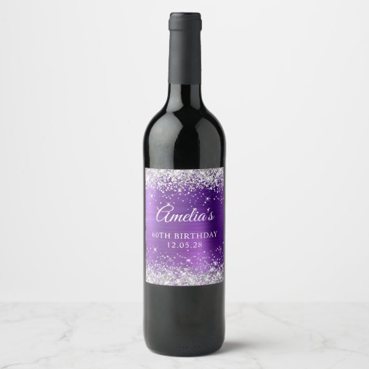 Étiquette Pour Bouteilles De Vin Glittery Silver Amethyst Foil 60e anniversaire (Devant)