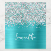 Étiquette Pour Bouteilles De Vin Glittery Silver Turquoise Blue Glam Nom du script (Étiquettes simples)