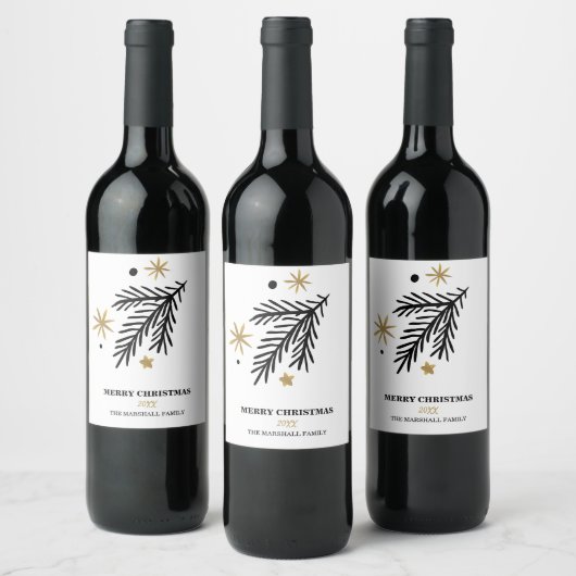 Étiquette Pour Bouteilles De Vin Gold Black branche de pin doodé Noël (Bouteilles)