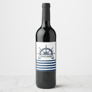 Étiquette Pour Bouteilles De Vin Gouvernail de bateau nautique, rayures blanches et