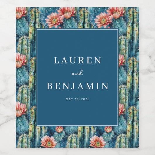 Étiquette Pour Bouteilles De Vin Graceful Navy Cactus Pattern (Étiquettes simples)