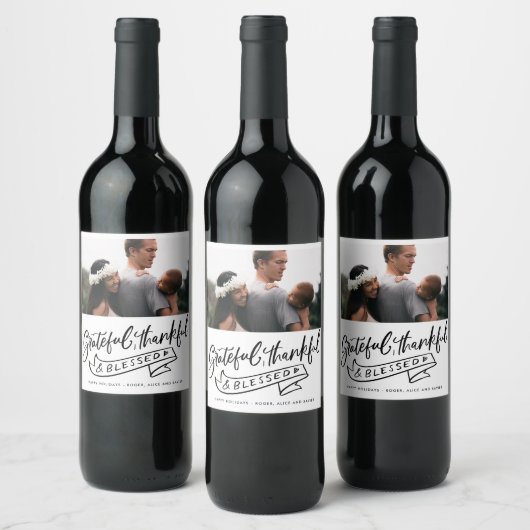 Étiquette Pour Bouteilles De Vin Grateful Thankful Blessed Photo Christmas (Bouteilles)