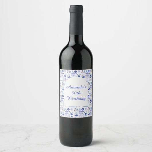 Étiquette Pour Bouteilles De Vin Grèce Bleu et Blanc (Devant)