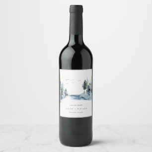 Étiquette Pour Bouteilles De Vin Green Blue Pine Woods Forêt Oiseaux Merci Mariage