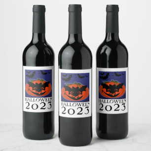 Étiquette Pour Bouteilles De Vin Halloween 2023 Citrouille portant le Étiquette de