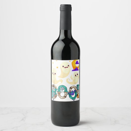 Étiquette Pour Bouteilles De Vin Halloween Boo Owl Avec Sorcière Casquette Araignée (Devant)