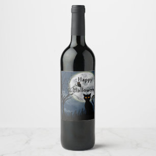 Étiquette Pour Bouteilles De Vin Halloween graphique de la lune de Chat Noir mignon