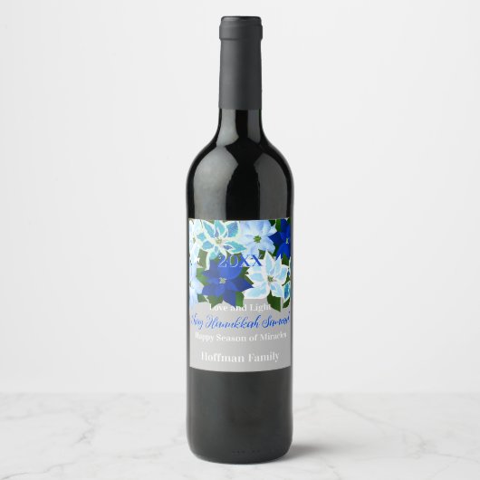 Étiquette Pour Bouteilles De Vin Hanoukka de Poinsettia bleue (Devant)