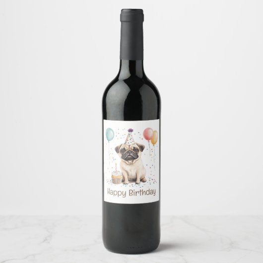 Étiquette Pour Bouteilles De Vin Happy Birthday Pug Dog (Devant)