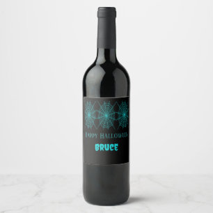 Étiquette Pour Bouteilles De Vin Happy Halloween neon bleu spiderweb noir